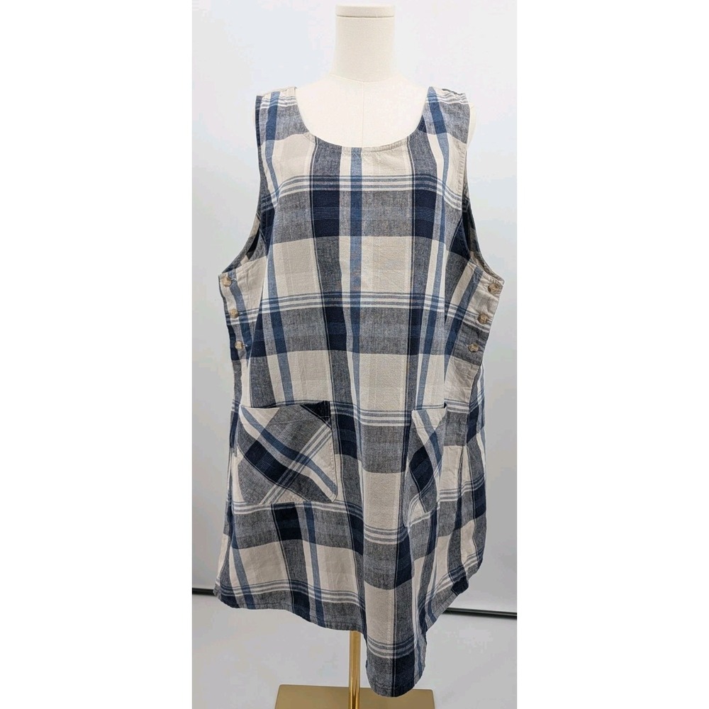 CJ Banks Linen‎ Blend Blue Plaid Jumper Mini Dress Size 20W Cottagecore Prairie